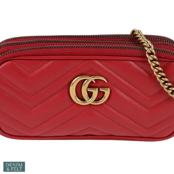 Gucci GG Marmont Mini Red Leather Triple Zip Crossbody Chain Bag/Purse Authentic - Picture 3 of 16